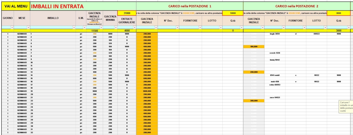 Registrazione imballi in entrata