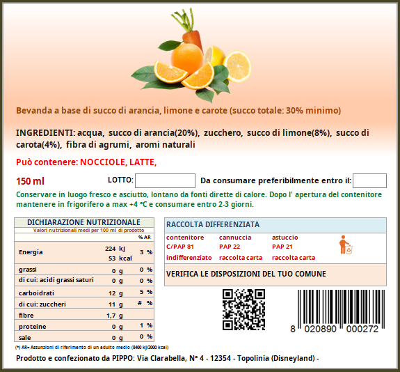 etichetta succo di frutta lay out verticale