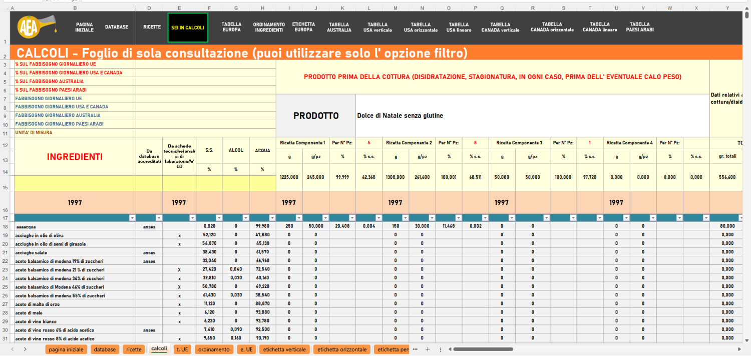 foglio calcoli del programma per creare le tabelle dei valori nutrizionali