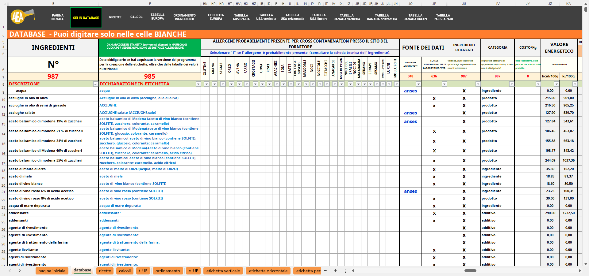 Foglio database del programma per creare le tabelle dei valori nutrizionali