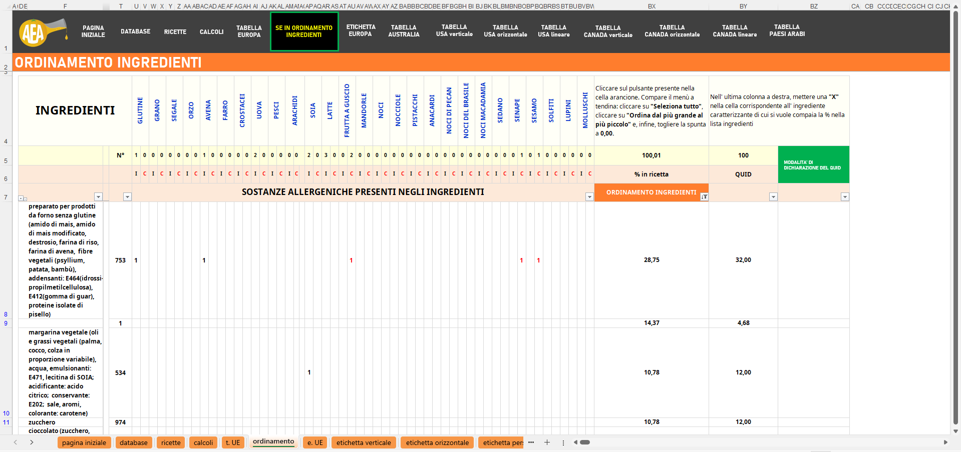 foglio ordinamento ingredienti