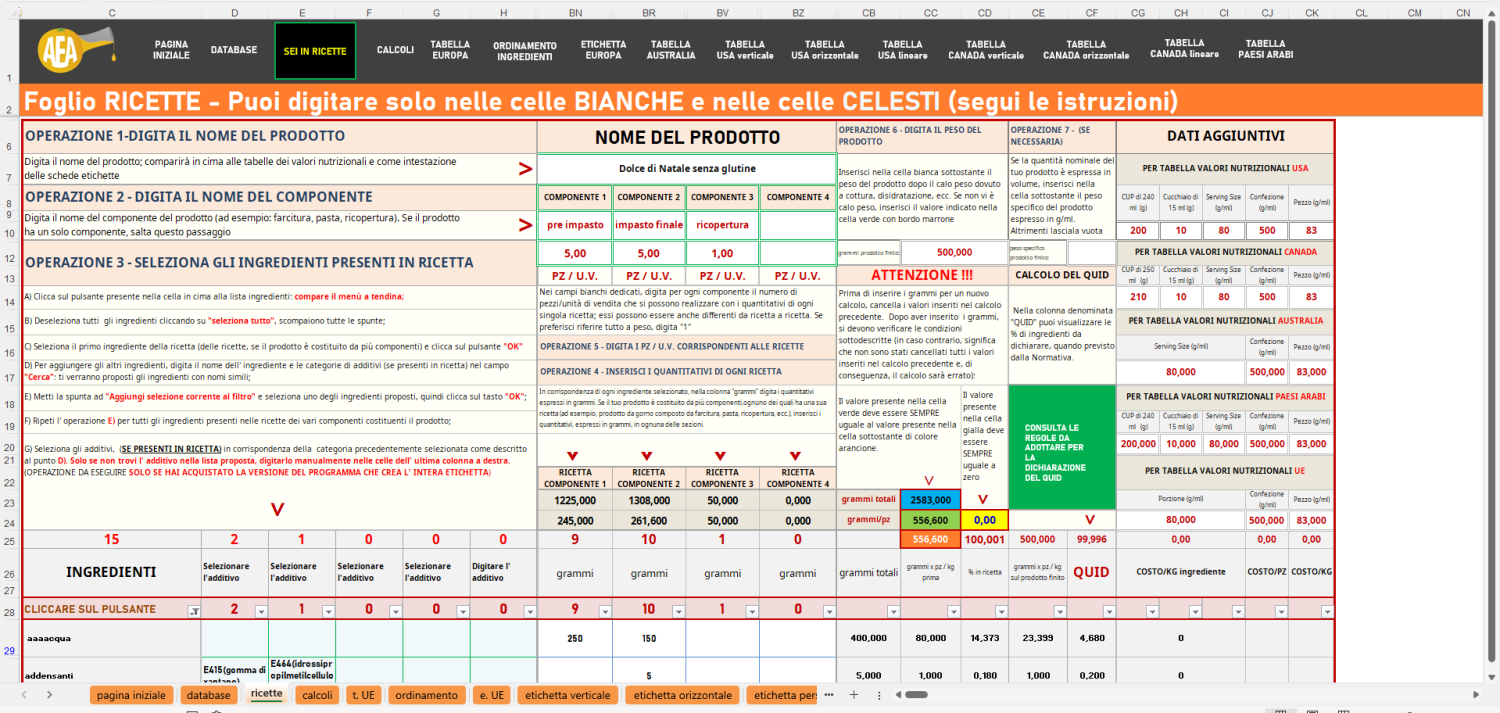 Foglio per inserimento ricette del programma per creare le tabelle dei valori nutrizionali