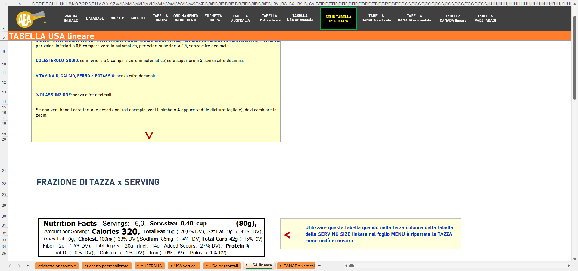 foglio tabella USA lineare