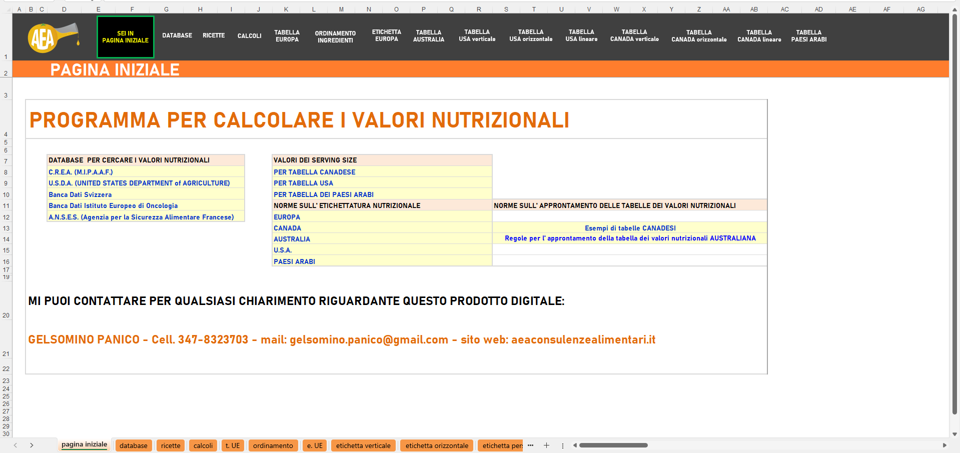 Pagina Iniziale del programma per creare le tabelle dei valori nutrizionali