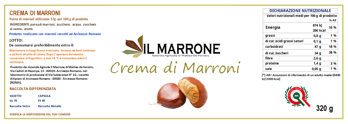 etichetta crema di marroni creata con il nostro programma per creare le etichette dei prodotti alimentari