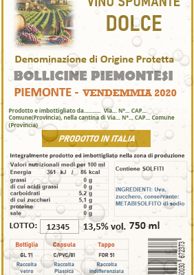Etichetta vino spumante realizzata con il programma di AEA per creare le etichette dei vini