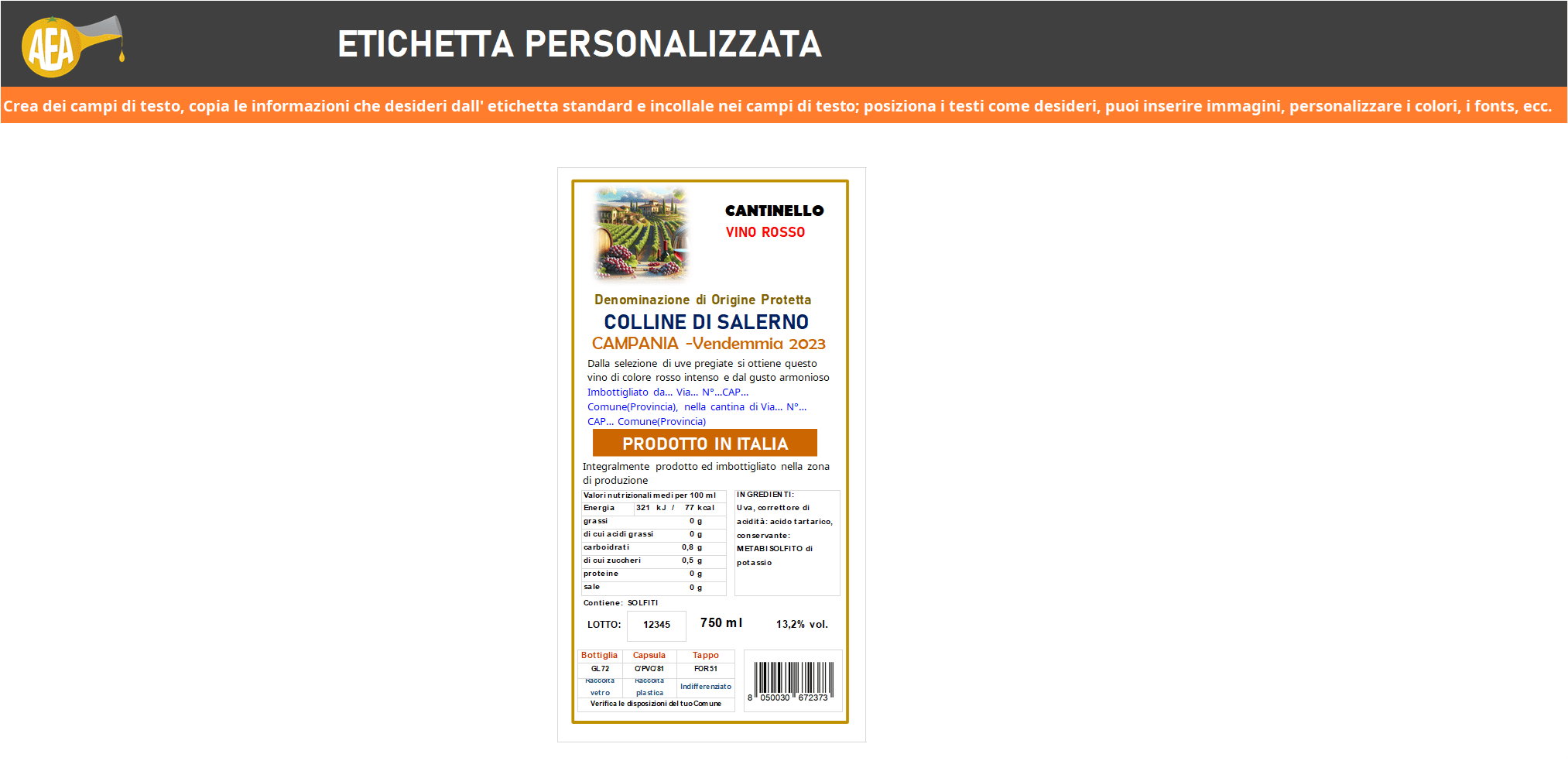 Etichetta personalizzata creata con il programma per creare le etichette dei vini di AEA Consulenze Alimentari