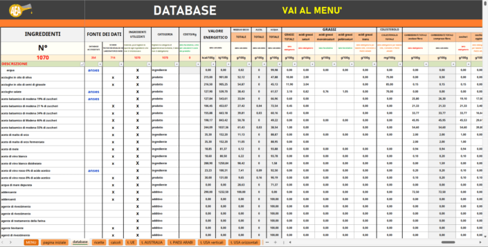 DATABASE del PROGRAMMA PER CREARE LE TABELLE DEI VALORI NUTRIZIONALI