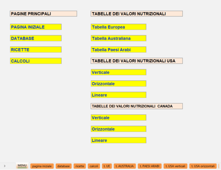 MENU' del programma per creare le tabelle dei valori nutrizionali