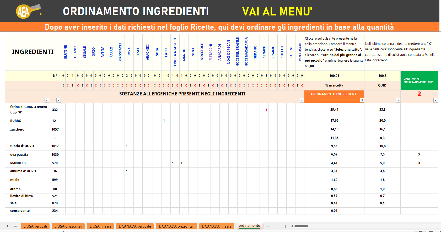 Foglio ordinamento ingredienti del software per creare le etichette dei prodotti alimentari