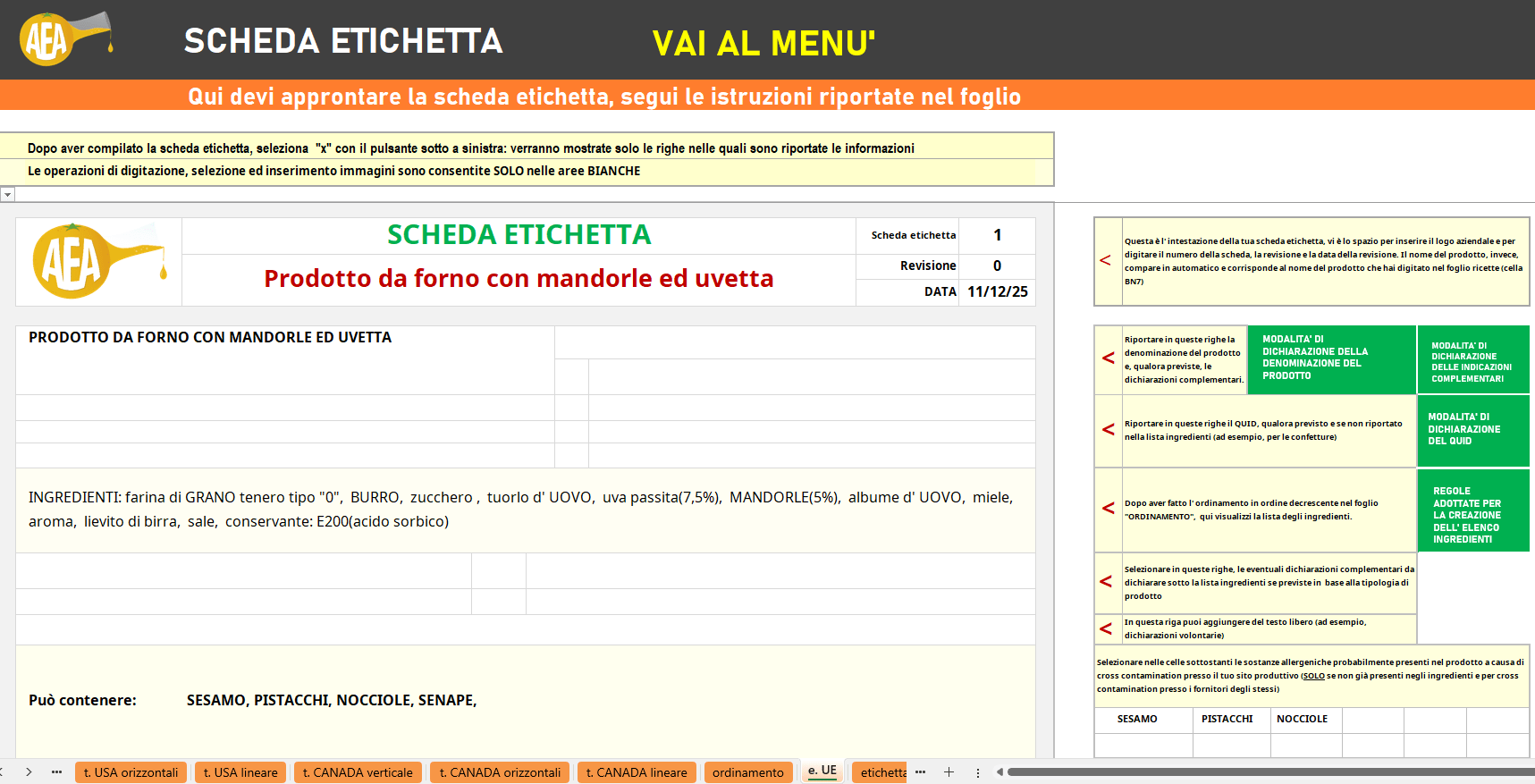 Foglio scheda etichetta del software per creare le etichette dei prodotti alimentari