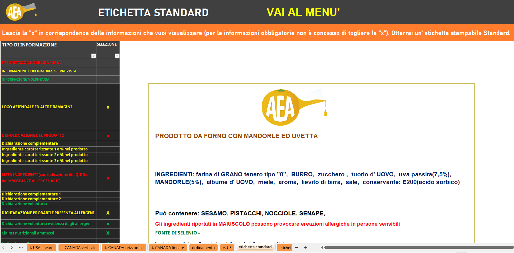 Foglio etichetta standard del software per creare le etichette dei prodotti alimentari