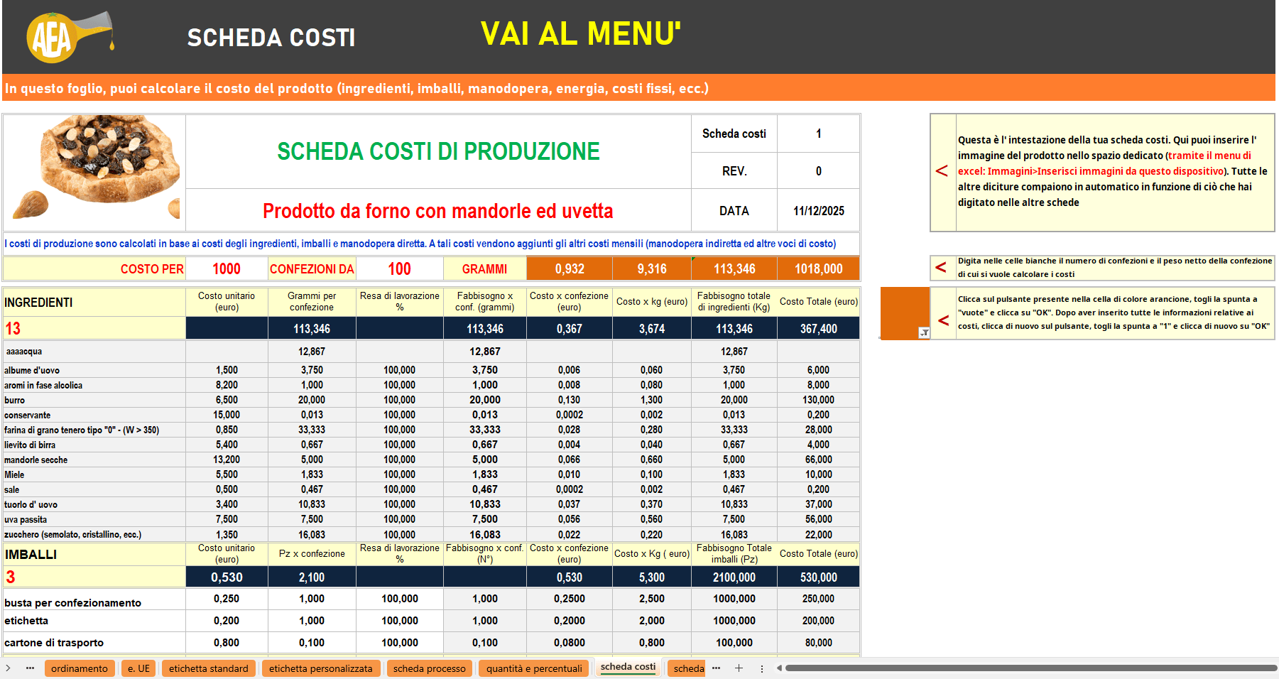 Foglio scheda costi di produzione del programma per creare le etichette, le schede processo, i costi e le schede tecniche di AEA Consulenze Alimentari