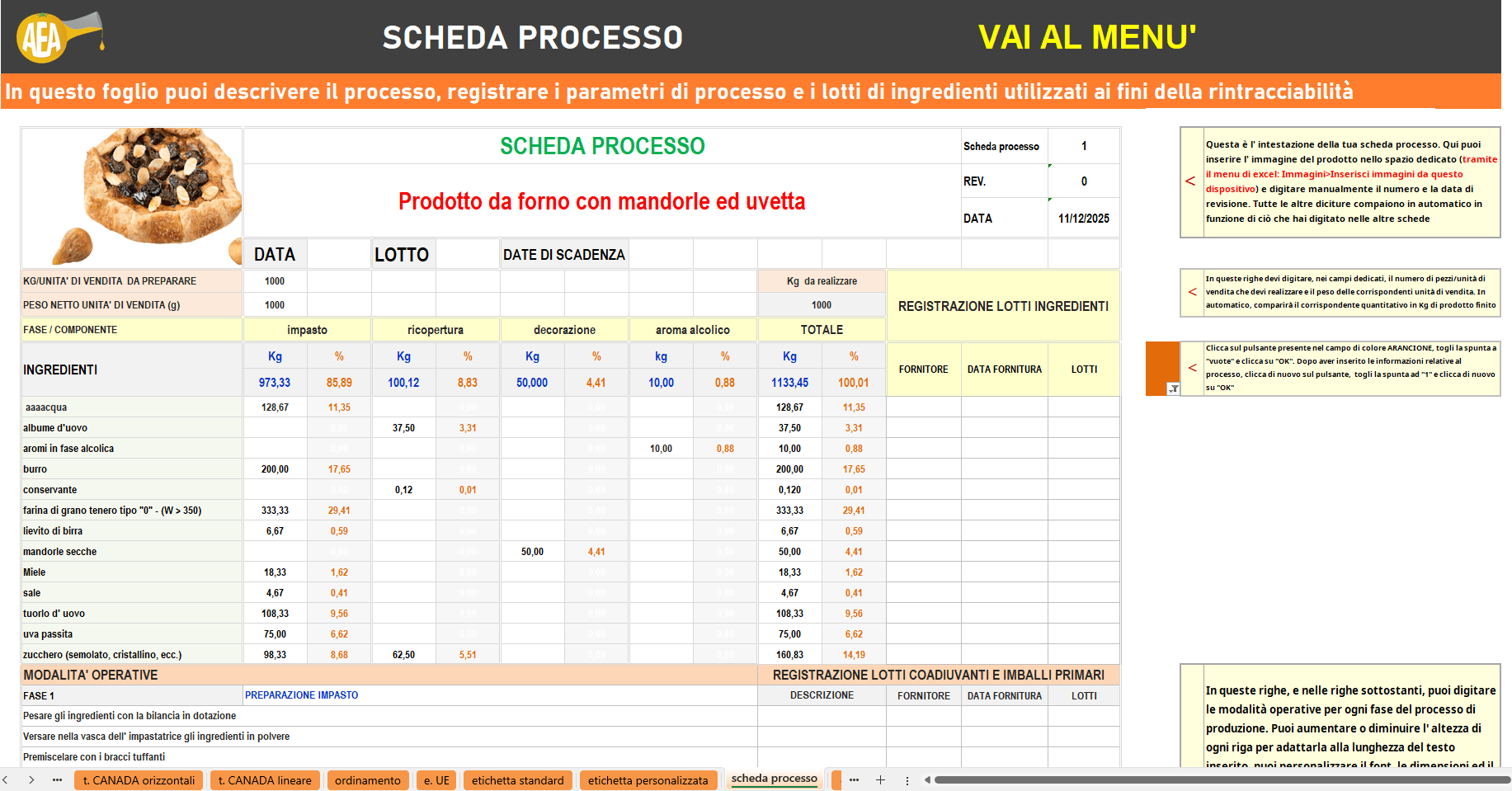 Foglio scheda processo del programma per creare le etichette, le schede processo, i costi e le schede tecniche di AEA Consulenze Alimentari