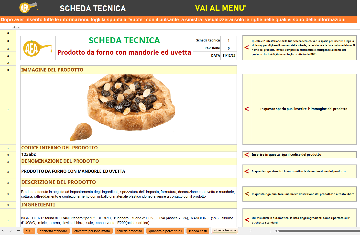 Foglio scheda tecnica del programma per creare le etichette, le schede processo, i costi e le schede tecniche di AEA Consulenze Alimentari