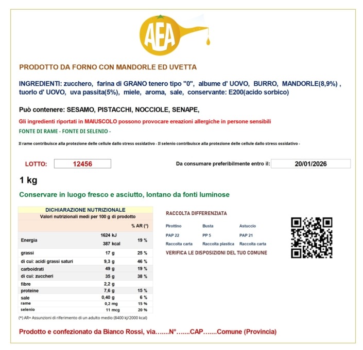 Etichetta standard ottenibile con il software per creare le etichette dei prodotti alimentari